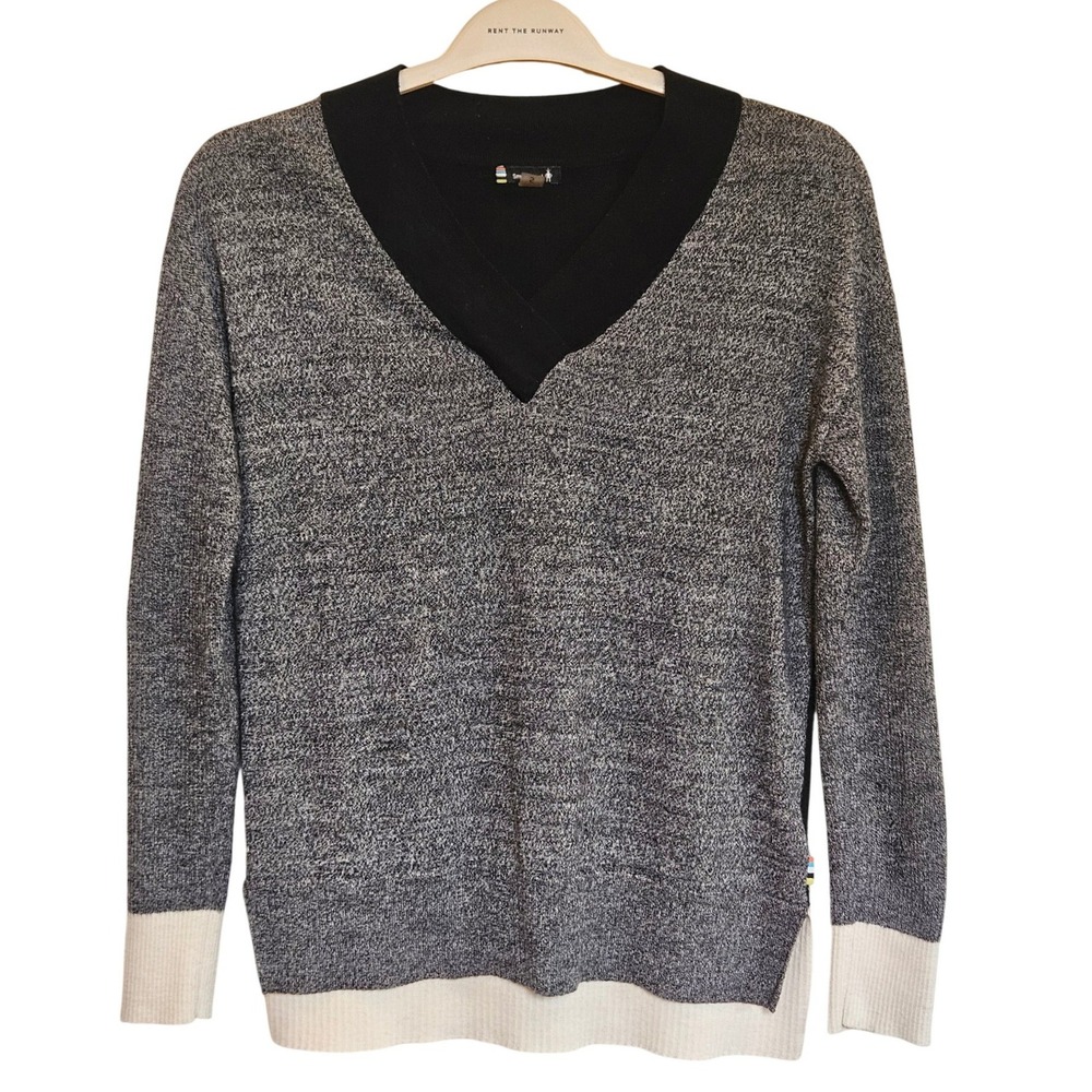 Smartwool Akamina Merino Wool Colorblock V-Neck Sweater Black Grey Small